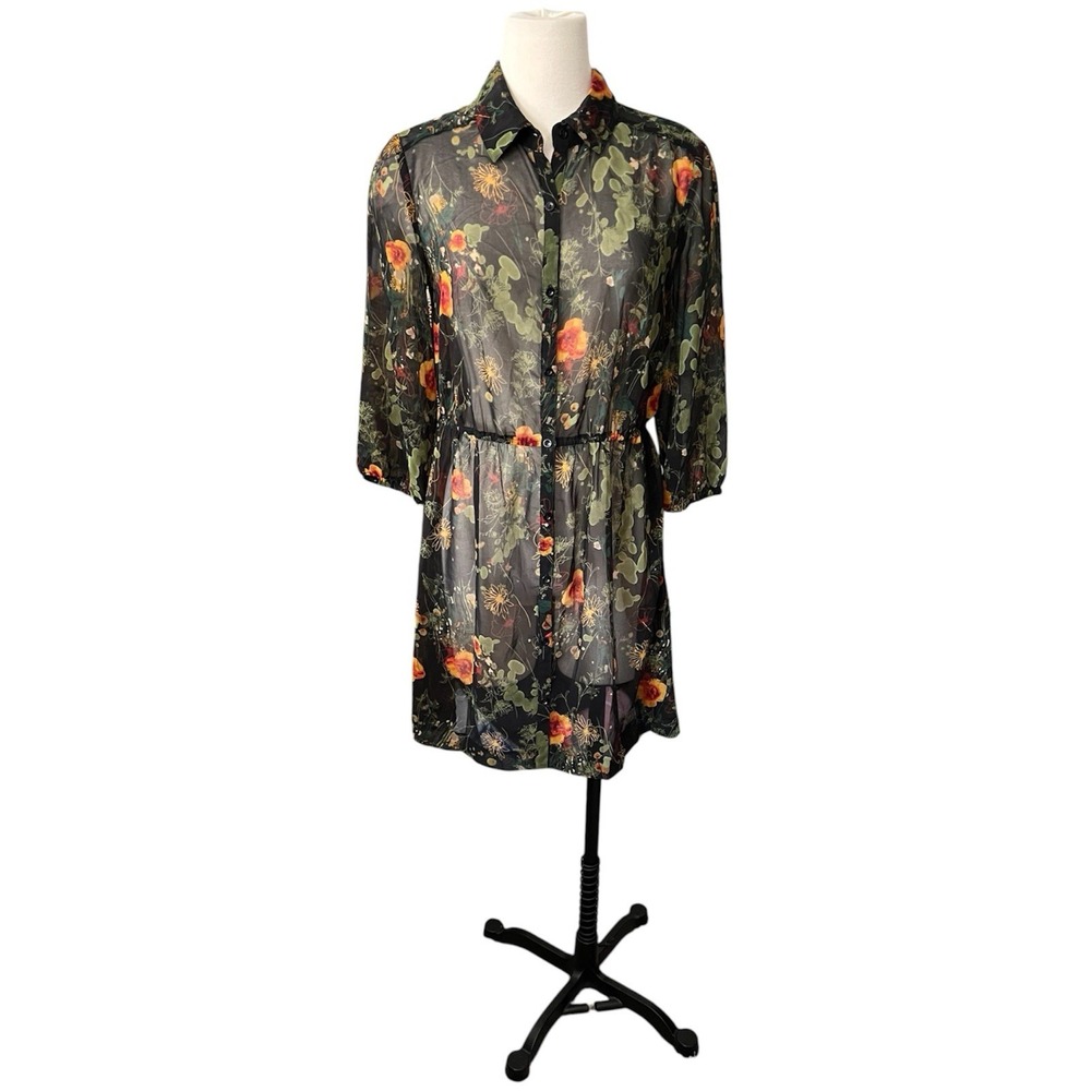 Kensie Sheer Floral Chiffon Shirt Dress Button Front Women's S Whimsigoth Boho